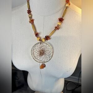 Bohemian Dreamcatcher Necklace with Amber and Gold Accents